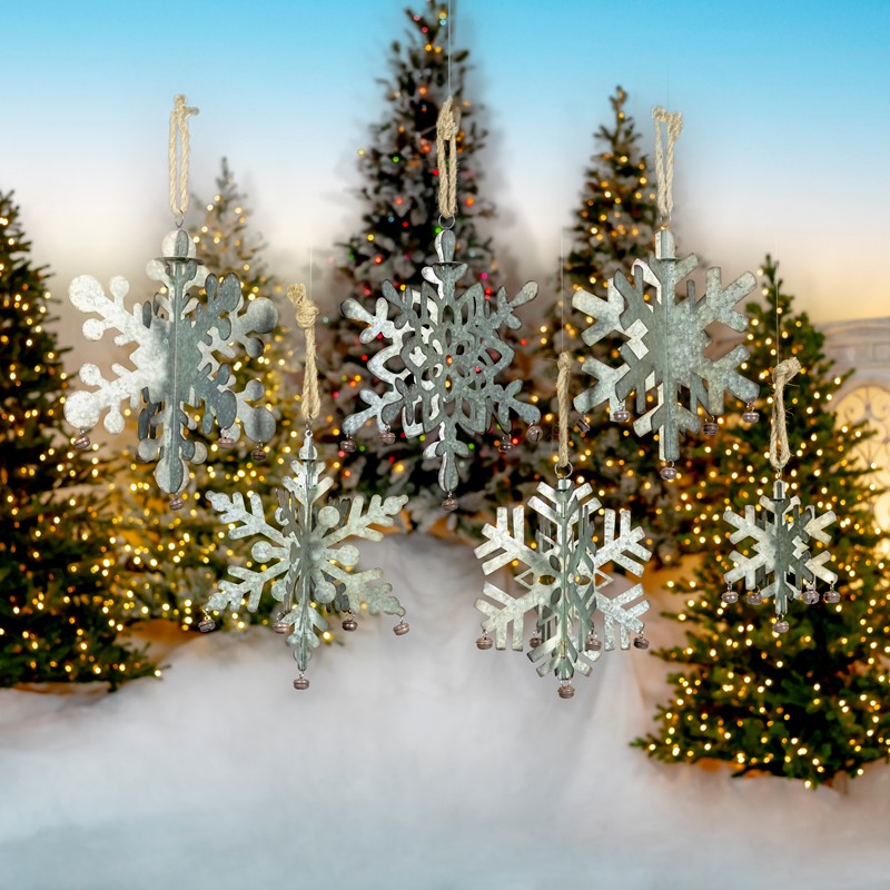 Zaer Ltd International Pre-Order: Set of 6 Hanging Galvanized Folding Snowflakes with Bells ZR731170-SET