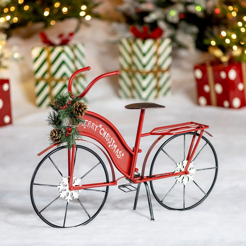 Small Iron Merry Christmas Bicycle Decor with Light-Up Wreath