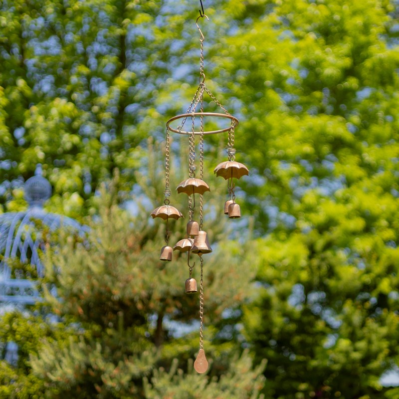 Zaer Ltd International 39.75" Long Antique Copper Umbrella Wind Chime with Glass Marbles & Bells ZR192149