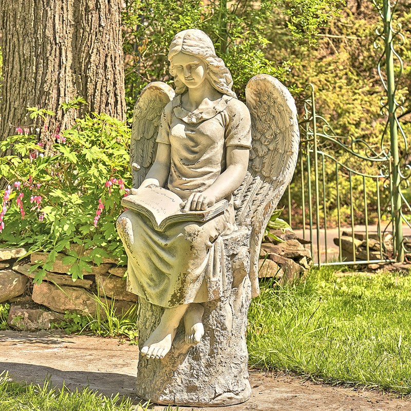 Zaer Ltd International Pre-Order: 46"T Sitting Magnesium Angel Statue Reading Book in Antq. Grey "Dina" ZR232746-GY