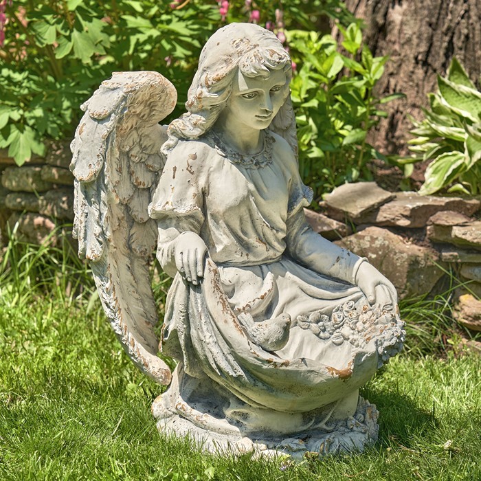 Zaer Ltd International 24" Tall Kneeling Angel Child Statue and Birdbath "Cassiel" in Grey ZR253524-GY