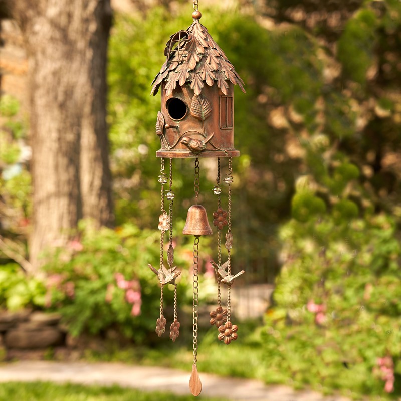 Zaer Ltd International Pre-Order: 37" Long Antique Copper Hanging Birdhouse Wind Chime "Silo” ZR190557-B