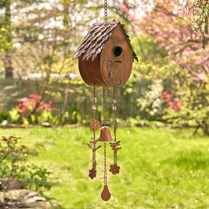 Zaer Ltd International Pre-Order: 38" Long Antique Copper Hanging Birdhouse Wind Chime "Farmhouse” ZR190557-C