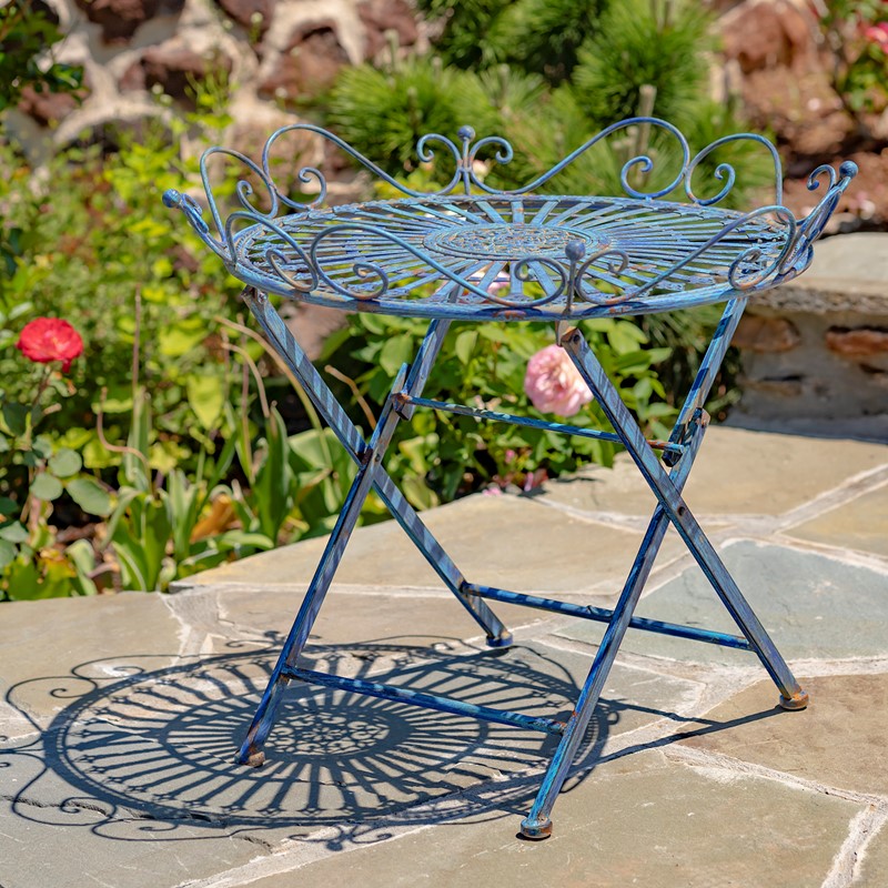Zaer Ltd. International "Stephania" Victorian-Style Folding Iron Garden Table in Antique Blue ZR090519-BL