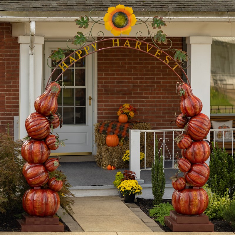 Zaer Ltd International Pre-Order: 9.7ft. Tall Large Iron "Happy Harvest" Arch with Pumpkin Columns ZR190649