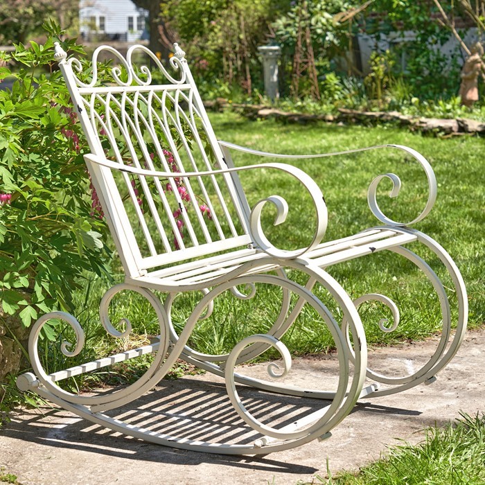 Arm Chair, Antique White Outdoor Metal Rocking Arm Chair/Bench 