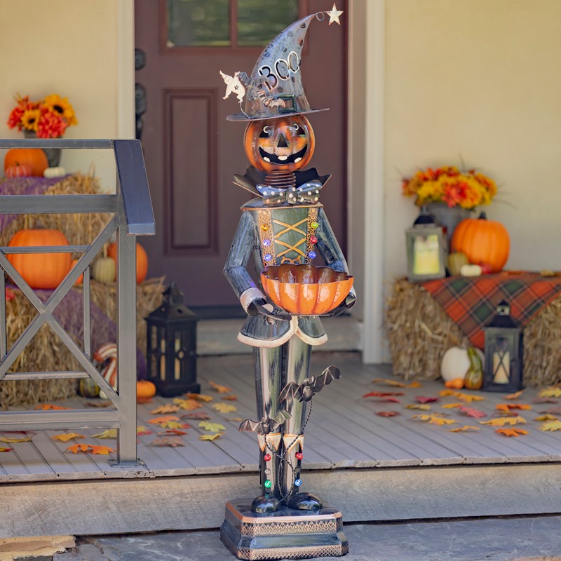 Zaer Ltd International Pre-Order: 56.25" Tall Metal Pumpkin Soldier with Candy Bowl & Multicolor Lights ZR190410
