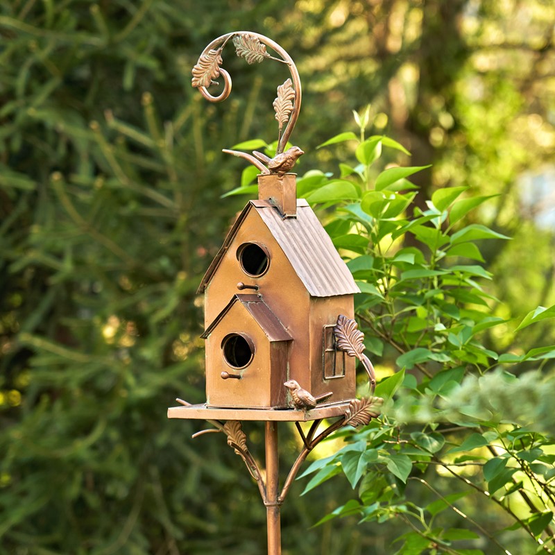 Zaer Ltd International Pre-Order: 75" T. Two Tier Classic Home Copper Finish Birdhouse Stake "Lansdale" ZR193143
