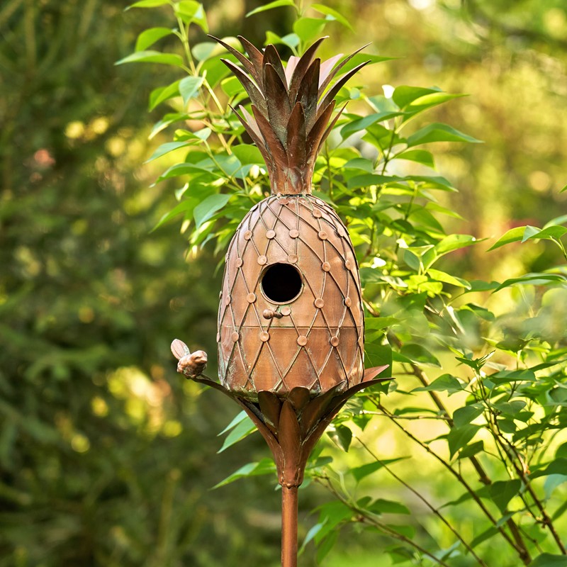 Zaer Ltd International Pre-Order: 67.25" Tall Pineapple Shaped Copper Finish Birdhouse Stake ZR193147