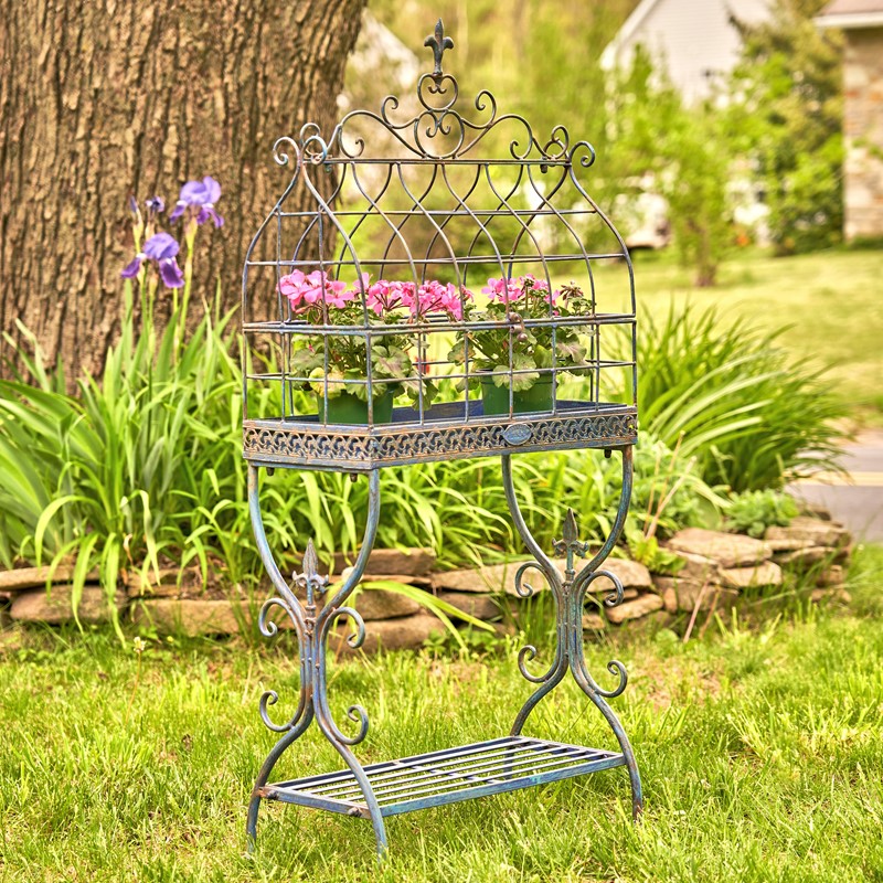 Zaer Ltd. International Pre-Order: 42.5" Tall Vintage Style Iron Cage Plant Stand in Blue "Paris 1968" ZR190422-BL