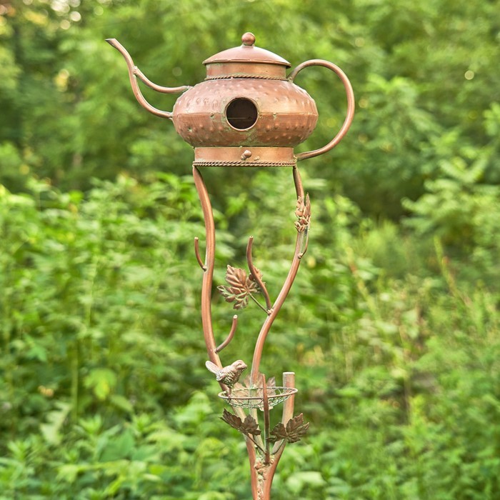 Zaer Ltd. International Pre-Order: 65" Tall Antique Copper Teapot Birdhouse Garden Stake "Genie Lamp" ZR113168-1