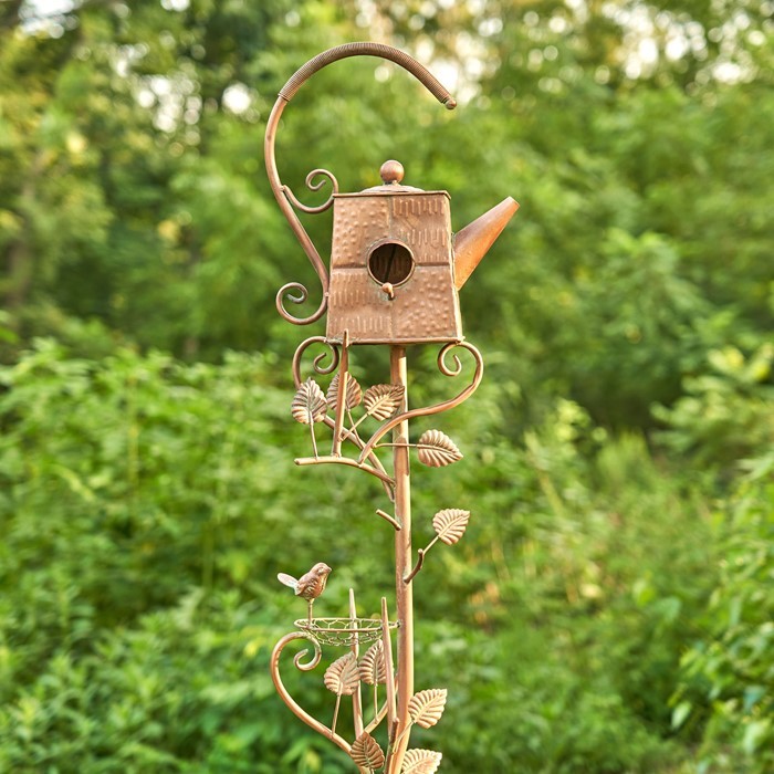 Zaer Ltd. International 65" Tall Antique Copper Teapot Birdhouse Garden Stake "Square Teapot" ZR113168-2