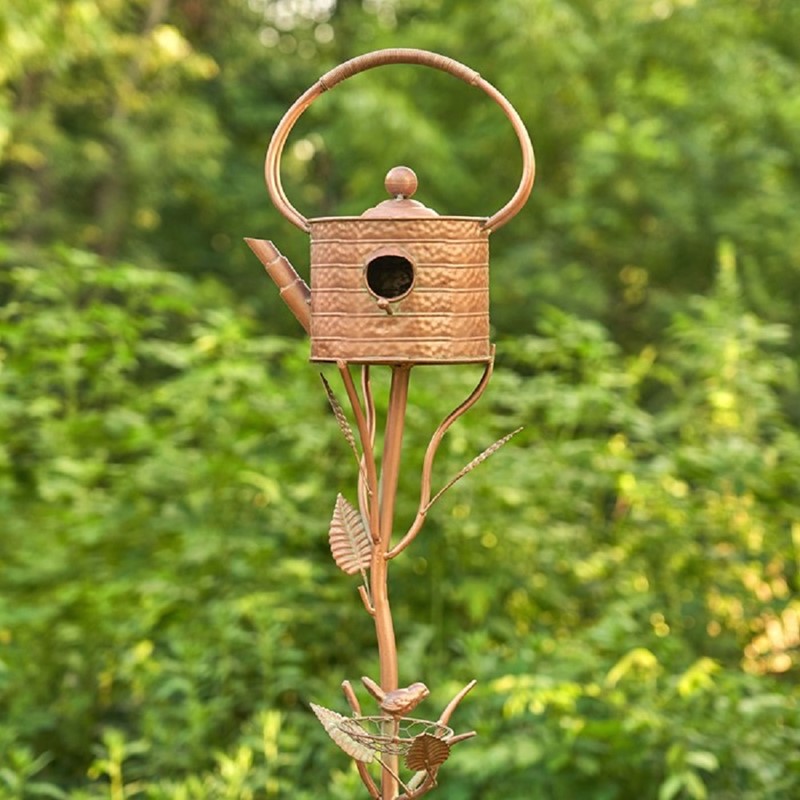 Zaer Ltd. International 65" Tall Antique Copper Teapot Birdhouse Garden Stake "Ribbed Octagonal Teapot" ZR113168-3