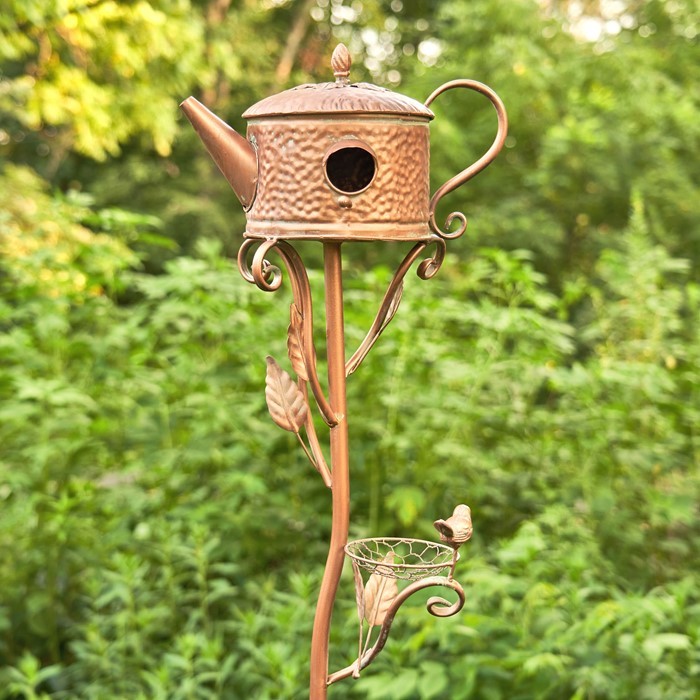 Zaer Ltd. International 65.25" Tall Antique Copper Teapot Birdhouse Garden Stake "Classic Teapot" ZR113168-4