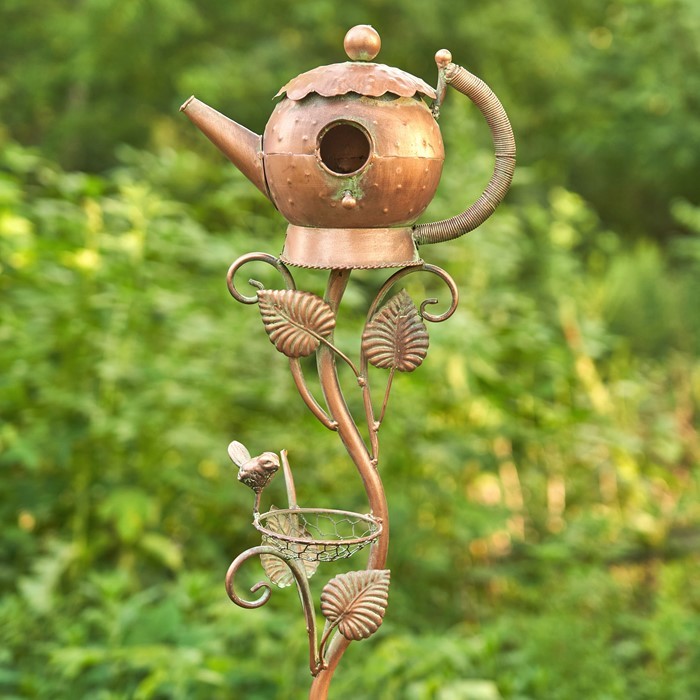 Zaer Ltd. International 65.75" Tall Antq. Copper Teapot Birdhouse Garden Stake "Victorian Style Teapot" ZR113168-6