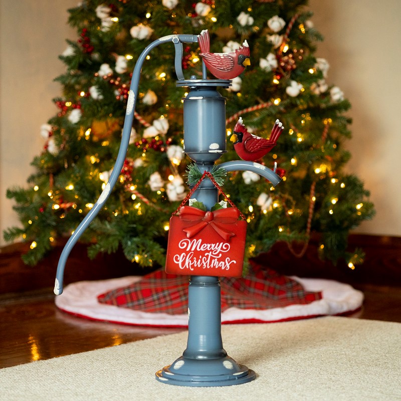 Zaer Ltd. International 31" Tall Old Style Blue Iron Water Pump with "Merry Christmas" Sign & Cardinals ZR190272