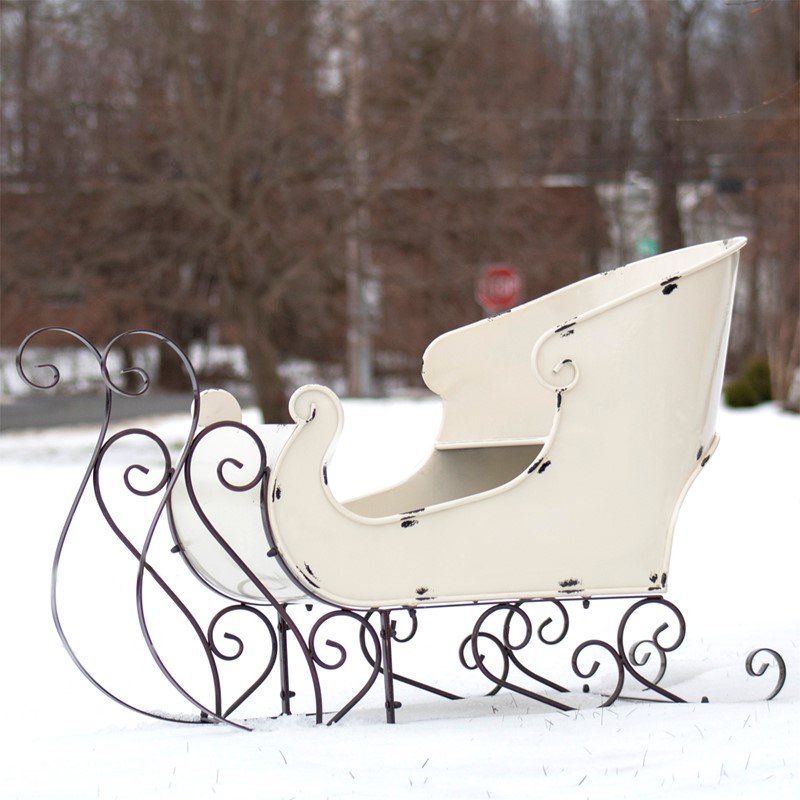 Zaer Ltd International Pre-Order: 25" Tall Metal Holiday Sleigh Decoration in Antique White ZR180414-AW