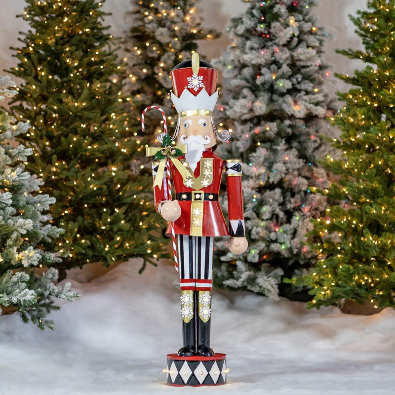 Zaer Ltd. International 61" Tall Iron Christmas Nutcracker with Candy Cane Staff & LED Lights "Harry" ZR190659