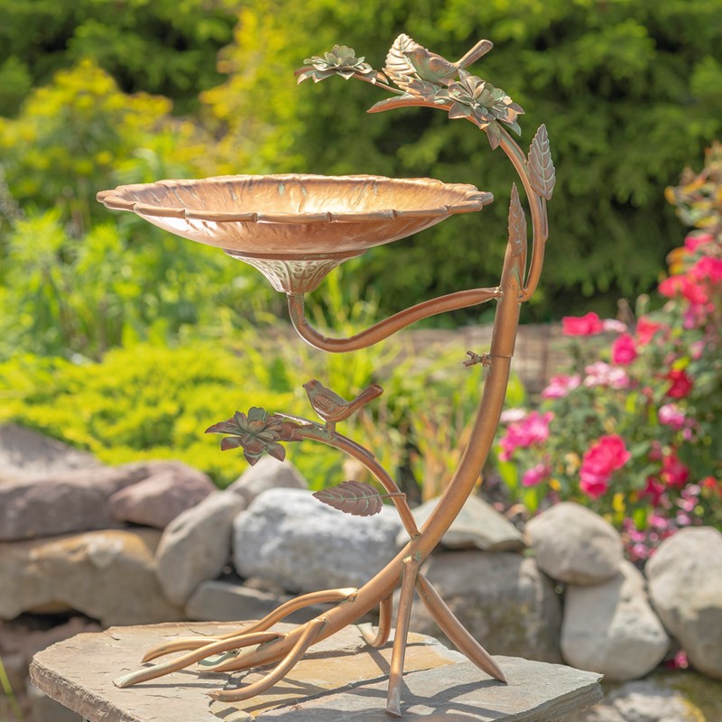 Zaer Ltd. International 27" Tall Antique Copper Scallop Edge Birdbath with Branch Legs ZR198205-CP