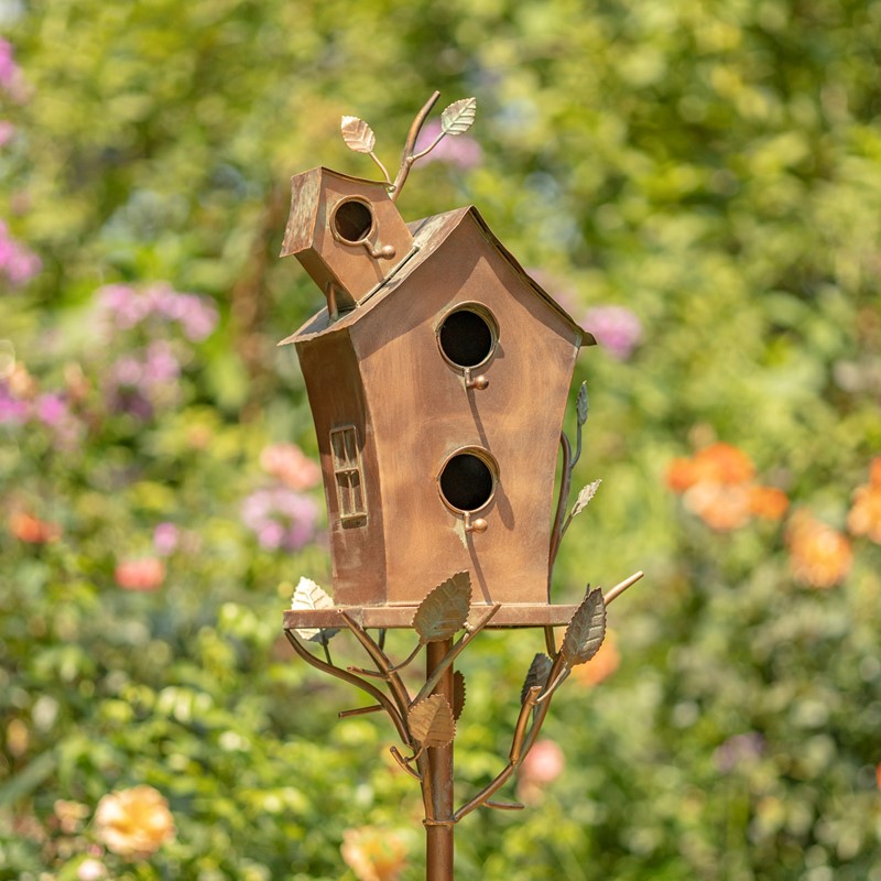 Zaer Ltd. International 75.2" Tall Large Double-Hole Birdhouse Stake with A-Frame Roof in Antique Copper ZR200249-CP