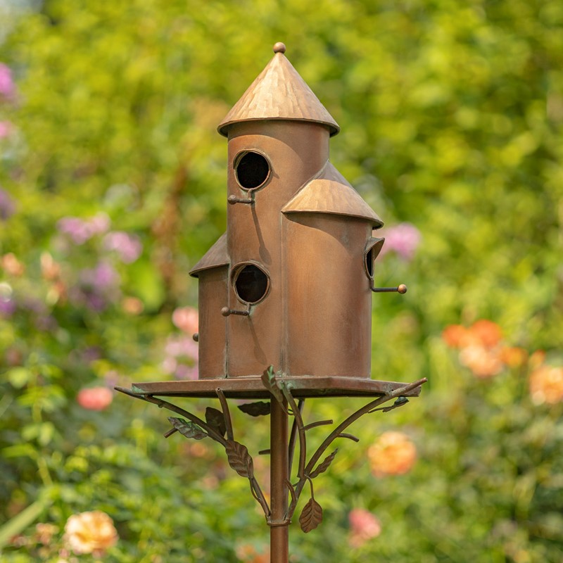 Zaer Ltd. International 73.5" Tall Cylinder Triple Birdhouse Stake with Conical Roof in Antique Copper ZR200250-CP