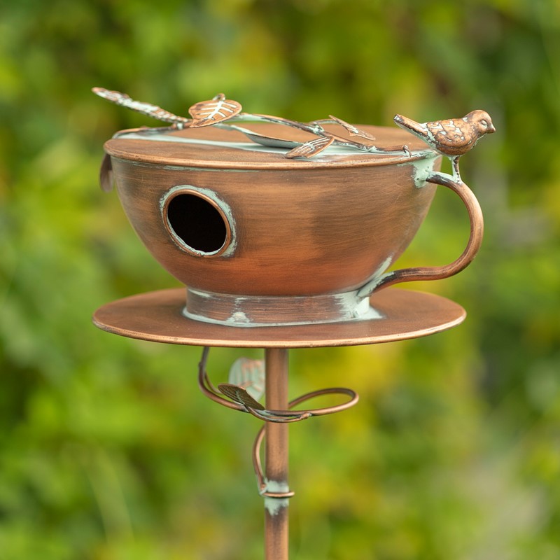 Zaer Ltd. International 63" Tall Tea Cup Birdhouse Garden Stake in Antique Copper LS213027