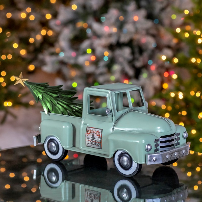 Iron Christmas Old Style Truck with Tree in Soft Green
