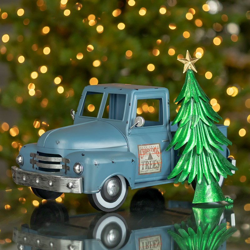 Iron Christmas Old Style Truck with Tree in Antique Blue