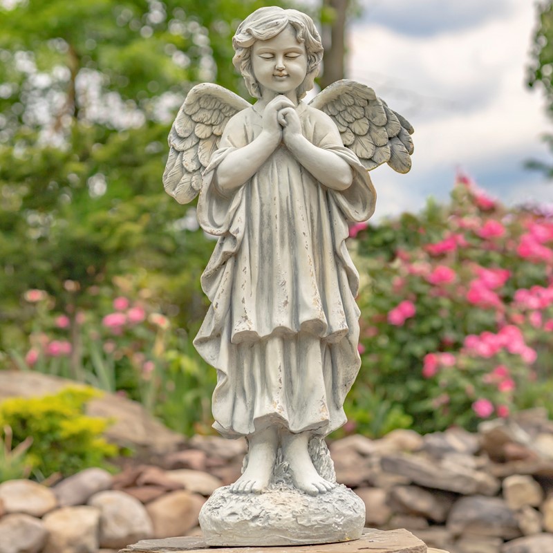 Zaer Ltd International 39" Tall Magnesium Angel Statue Praying in Antique White "Taylor" ZR341339-AW