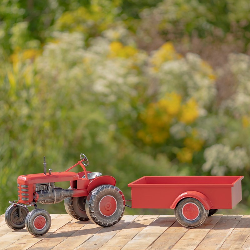 Zaer Ltd International 3.4ft. Long Small Red Metal Tractor with Cart "The Aldean" ZR534481-RD