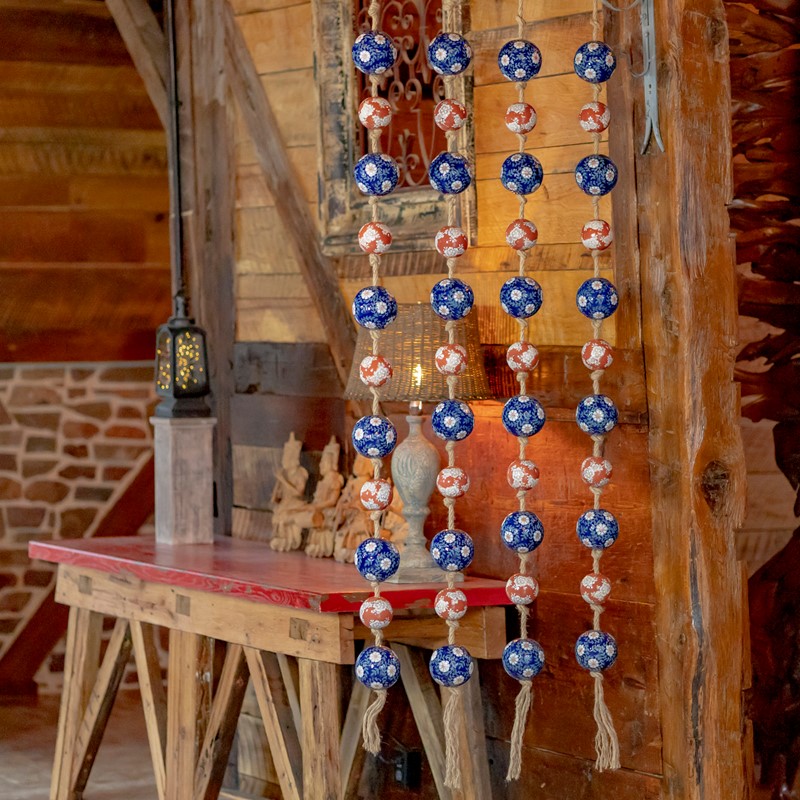 Zaer Ltd. International 74" Long Porcelain Tsugo Ball Garland in Burnt Orange & Blue "Kimi" ZR088212