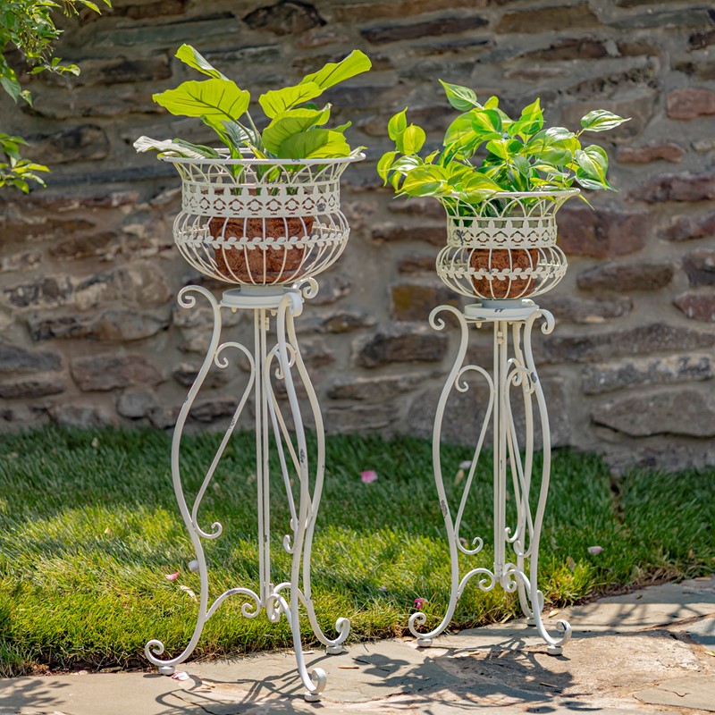 Zaer Ltd. International Set of 2 Standing Iron Basket Plant Stands in Antique White "London 1820" ZR191035-AW