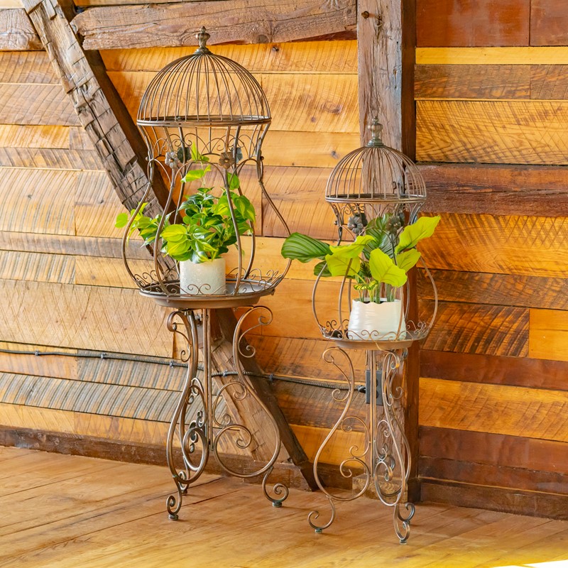 Zaer Ltd. International Pre-Order: Set/2 Hourglass Shaped Birdcage Plant Stands in Bronze "London 1820" ZR200527-BZ