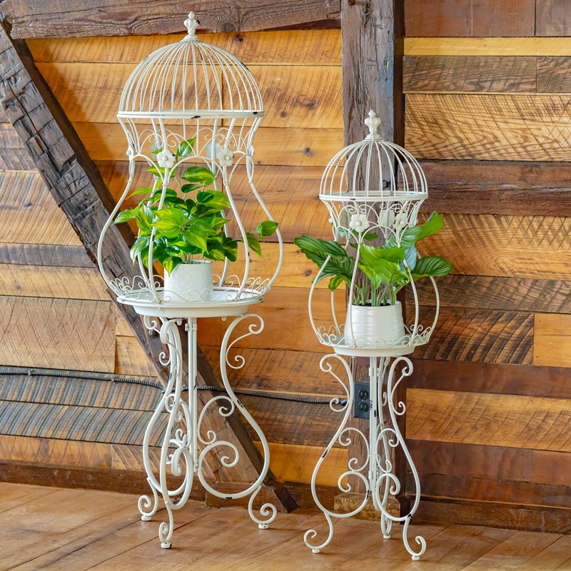Zaer Ltd. International Pre-Order: Set of 2 Hourglass Shape Birdcage Plant Stands in White "London 1820" ZR200527-AW