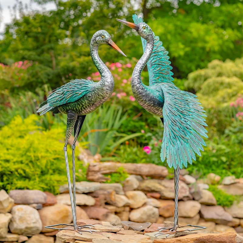Zaer Ltd. International Set of Two 41.5" Tall Stylized Silver-Teal Metallic Crane Garden Figurines ZR218219-SET