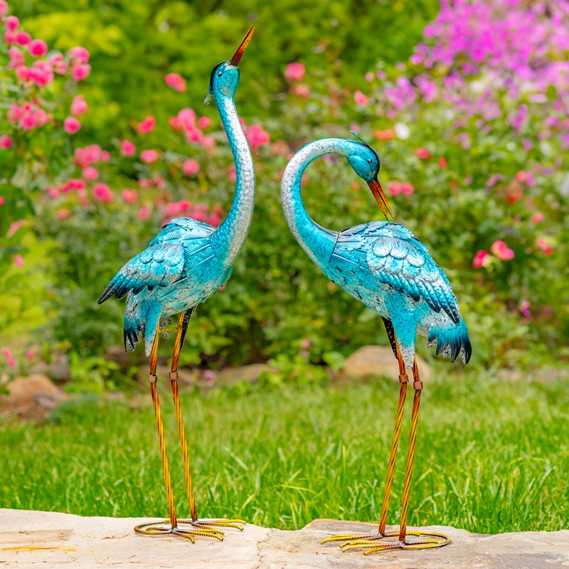 Zaer Ltd. International Set of Two 33.5" Tall Metallic Blue-Green Heron Garden Figurines ZR217095-SET