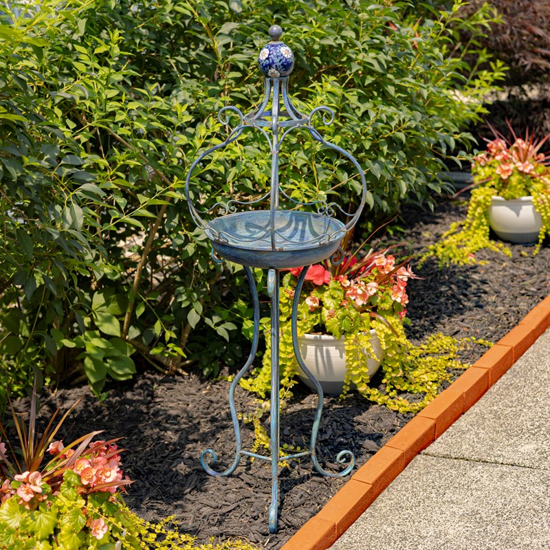Zaer Ltd. International Pre-Order: 45" Tall Blue Iron Birdbath with Ceramic Sailor Ball Accent "Mizu" ZR200534-BL