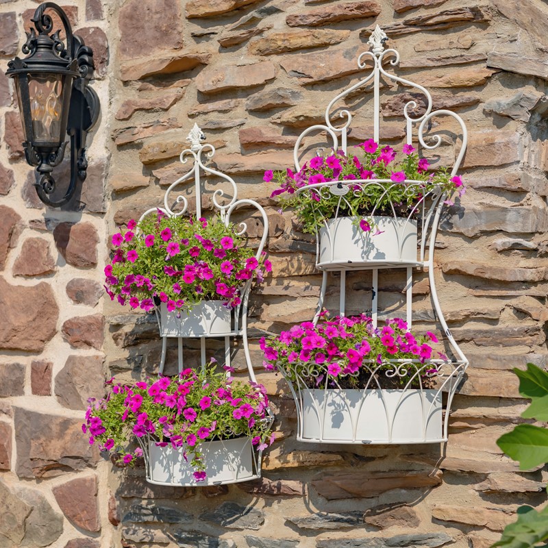 Zaer Ltd. International Set of Dual Wall Hanging Iron Basket Planters in Antique White "Copenhagen 1843" ZR200536-AW