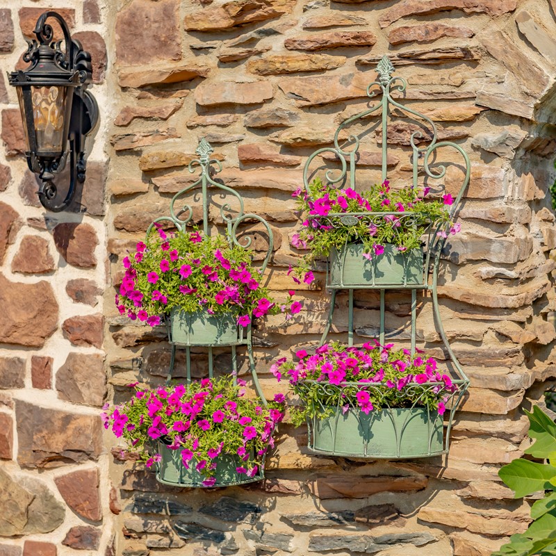 Zaer Ltd. International Set of Dual Wall Hanging Iron Basket Planters in Frosted Green "Copenhagen 1843" ZR200536-GR