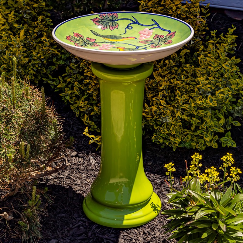 Zaer Ltd. International 24" Tall Green Porcelain Birdbath with Hand Painted Birds & Grapes "Saguramo" ZR180006