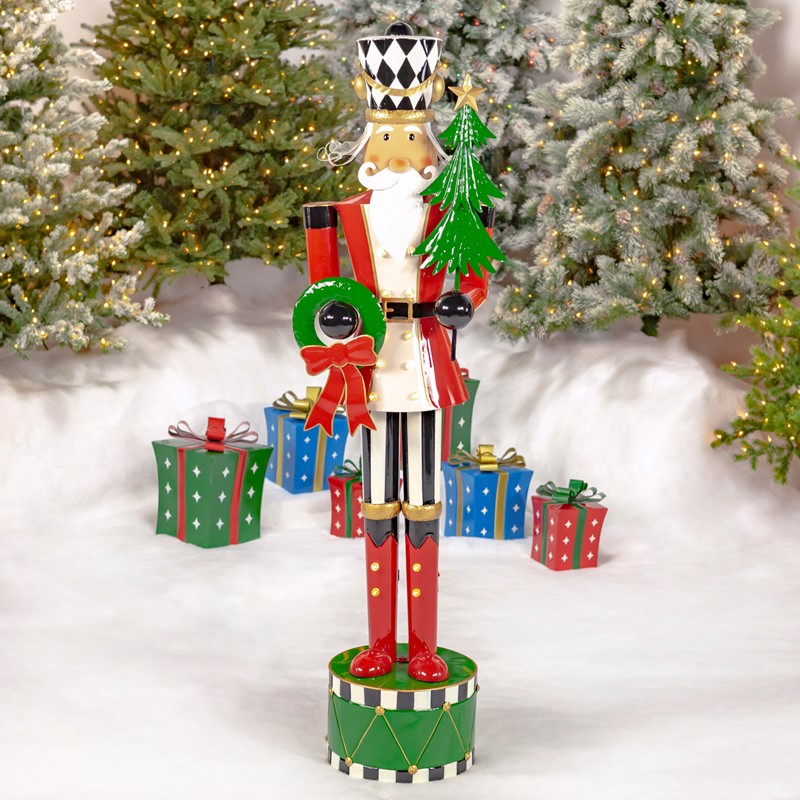 Zaer Ltd International 65" T. Standing Iron Nutcracker w/Christmas Tree, Wreath & LED Lights "Emmanuel" ZR220431