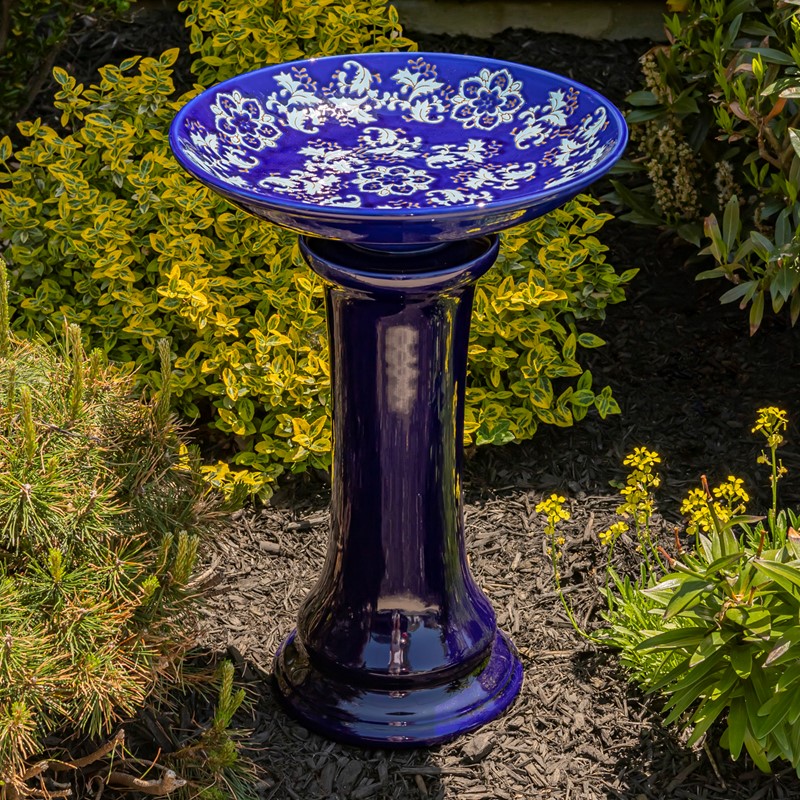 Zaer Ltd. International Pre-Order: 24"T. Blue Porcelain Pedestal Birdbath w/Hand Painted Basin "Madison" ZR180003
