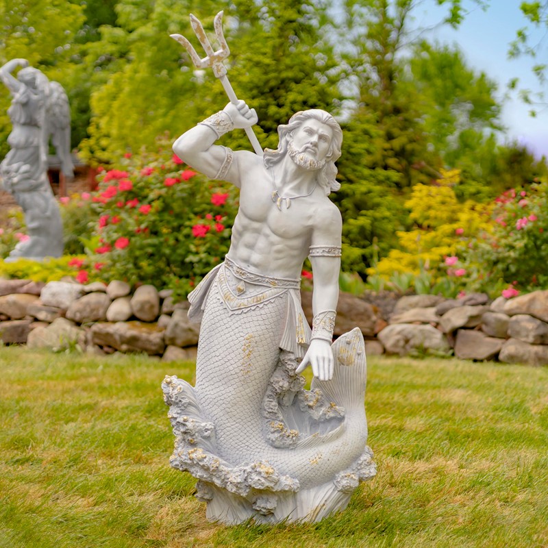 Zaer Ltd. International 48" Tall Magnesium Merman Garden Statue Throwing Trident in Antq. Grey "Scotty" ZR343048-GY