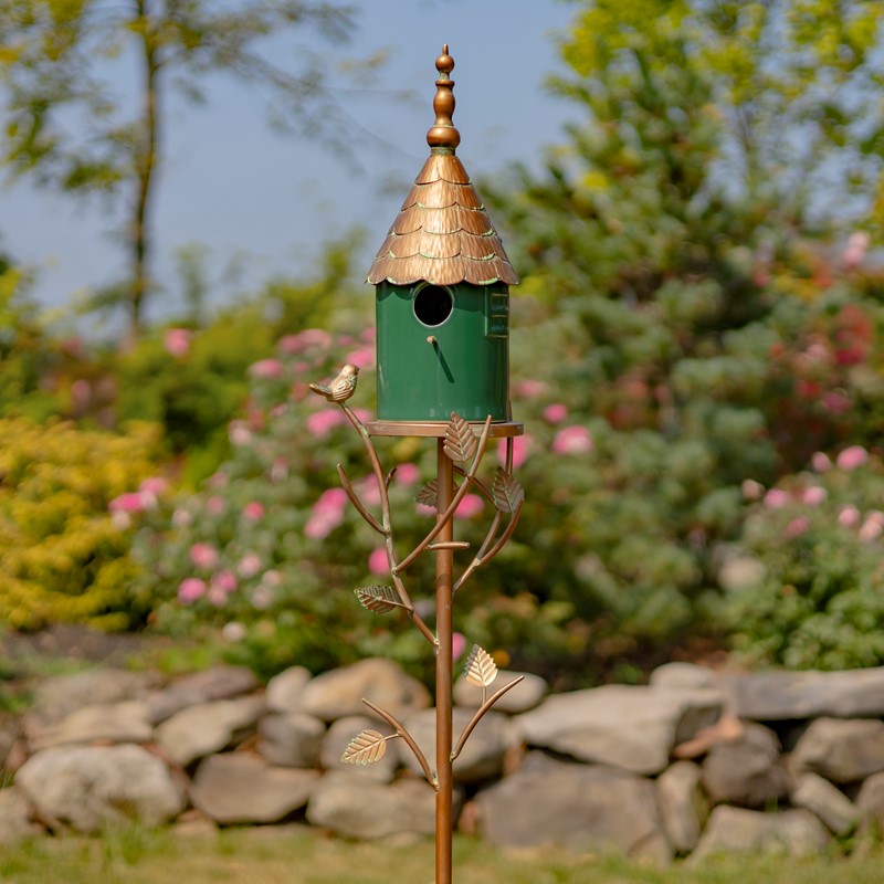 Zaer Ltd International 68.75" Tall Iron & Dark Green Porcelain Birdhouse Stake "Prague" ZR225217-CP