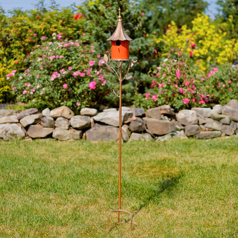 Zaer Ltd International Pre-Order: 69.25" Tall Iron & Orange Porcelain Birdhouse Stake "Amsterdam" ZR225219-CP