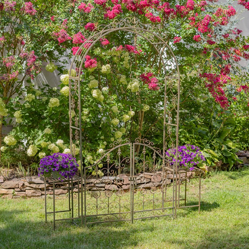 Zaer Ltd. International 96" Tall Garden Gate Archway with 2 Side Plant Stands in Ant. Bronze "Genevieve" ZR135980-BZ