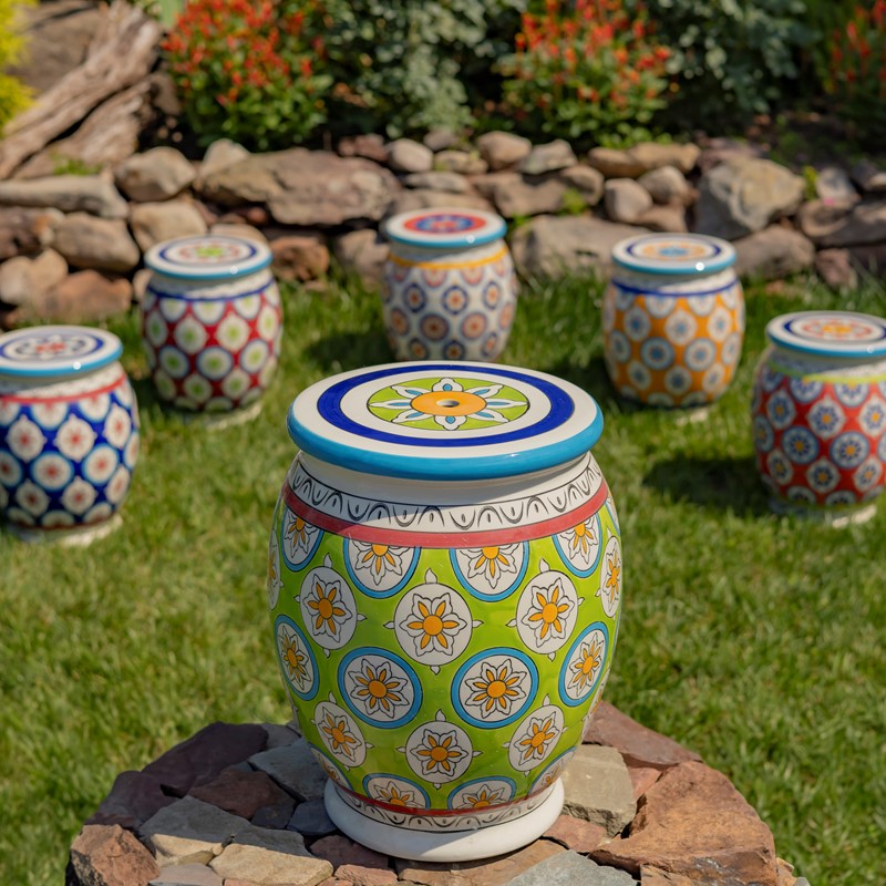 Zaer Ltd. International 17.75" Tall Ceramic Stoneware Stool in Green, Blue, & Yellow "Cassidy" ZR083856