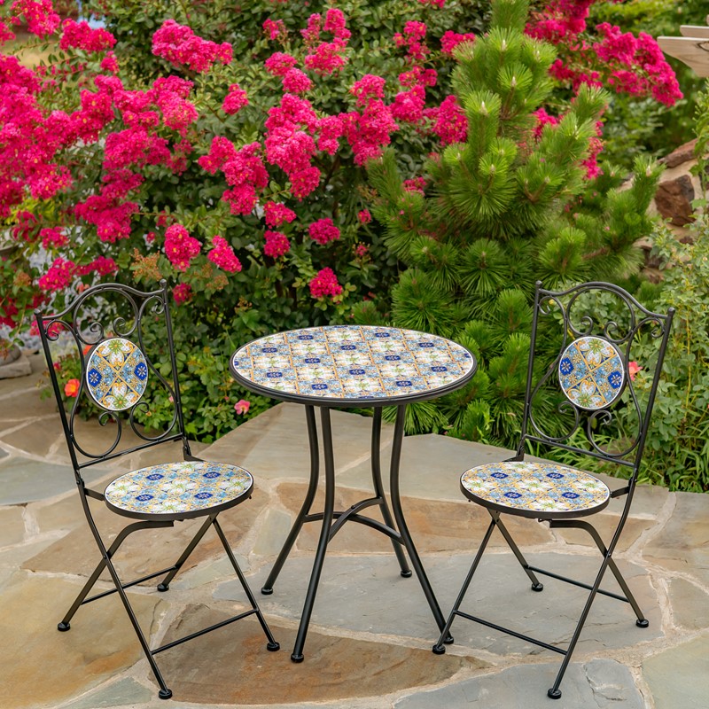 Zaer Ltd. International "Bar Harbor" Three Piece Mosaic Bistro Set - White, Yellow & Blue ZR850614-64-SET