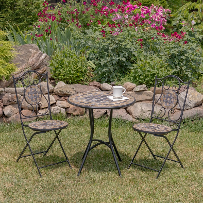 Zaer Ltd. International "Medora" Three Piece Mosaic Bistro Set - Stone Grey & Tan ZR850114-69-SET