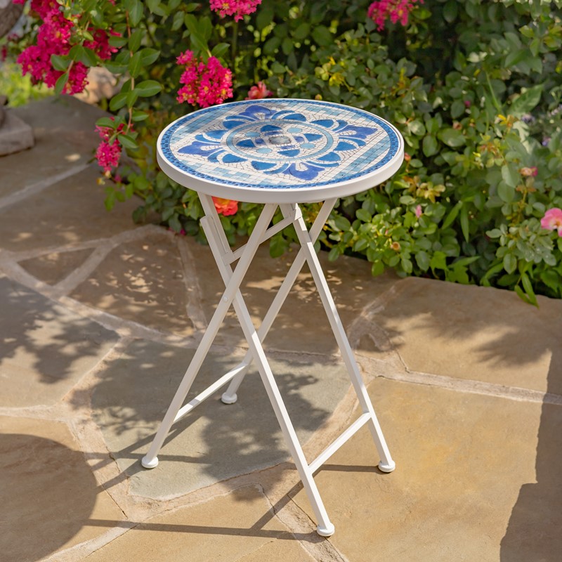 Zaer Ltd. International "Cape May" 23in. Tall Mosaic Folding Plant Stand - White & Blue ZR850192